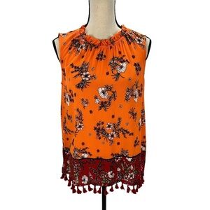 Fever Sleeveless Ruffle Round Neck Tassel Hem Boho Blouse - Orange - size Small